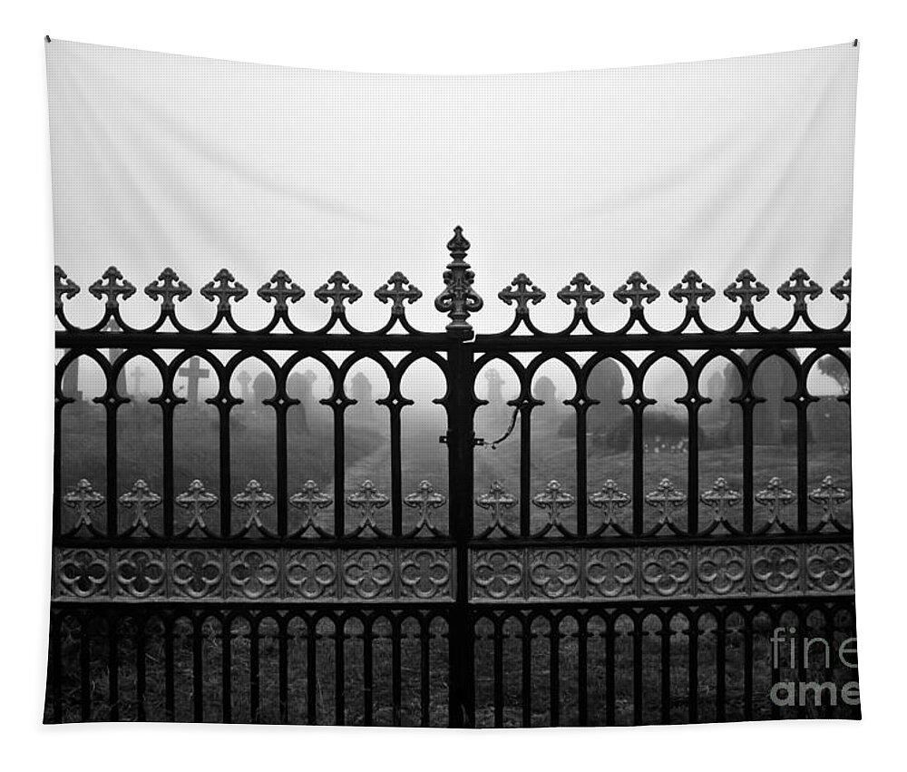 Grave Yard Gates Tapestry featuring the photograph Foggy Grave Yard Gates by Terri Waters