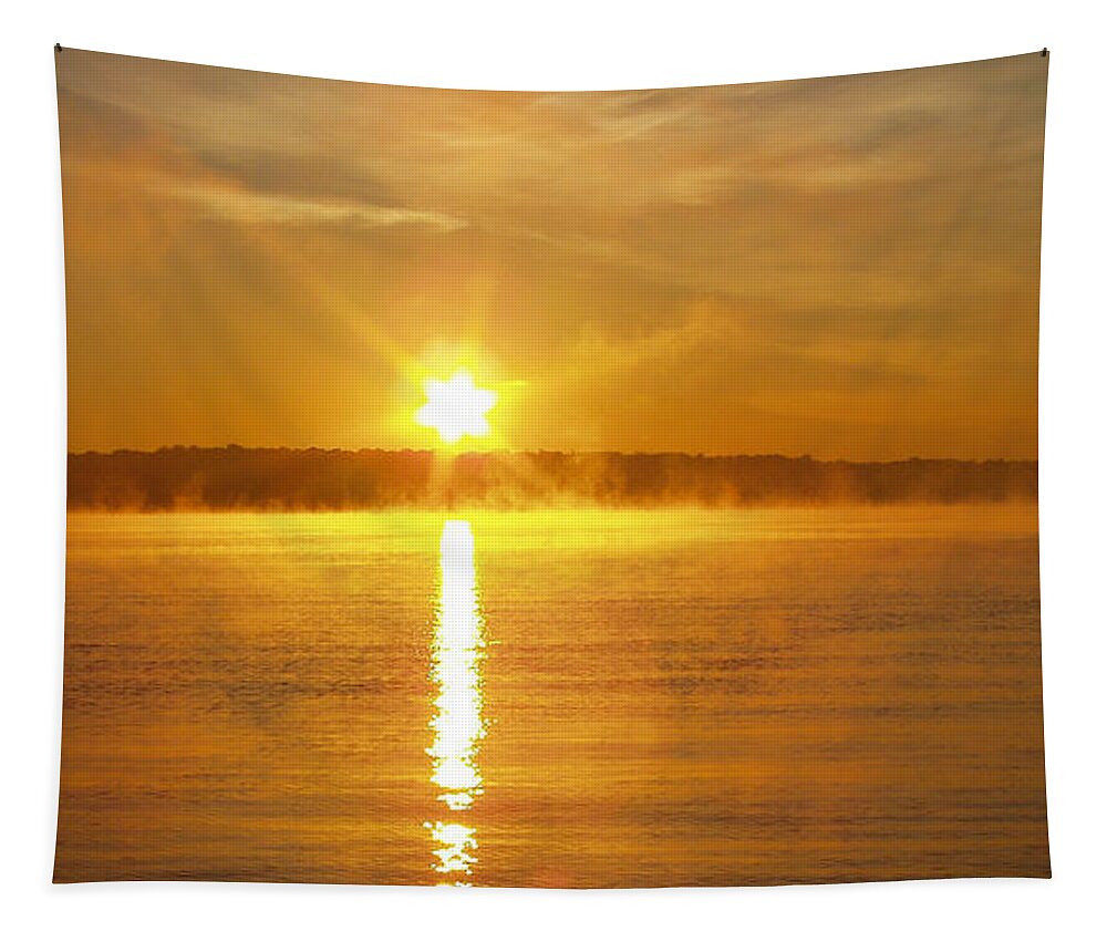 Foggy Sunrise Over Manhassett Bay Tapestry featuring the photograph Foggy Sunrise Over Manhassett Bay by John Telfer
