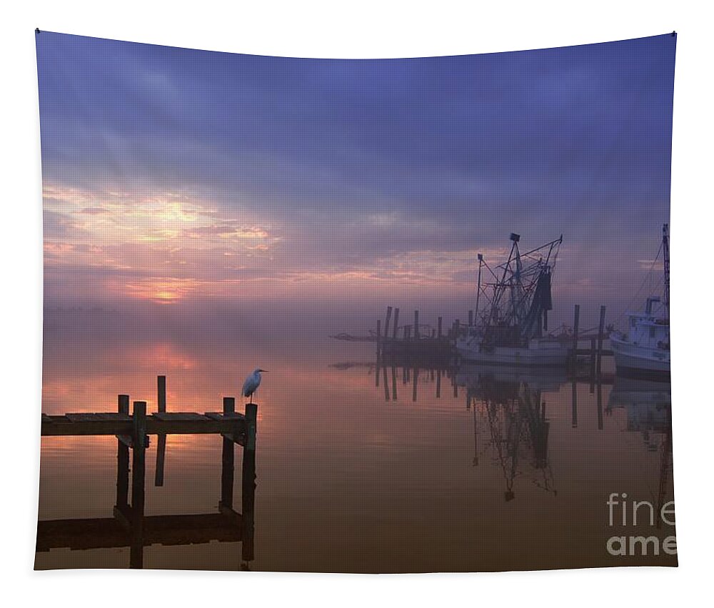 Swansboro North Carolina Tapestry featuring the photograph Foggy Sunset over Swansboro by Benanne Stiens