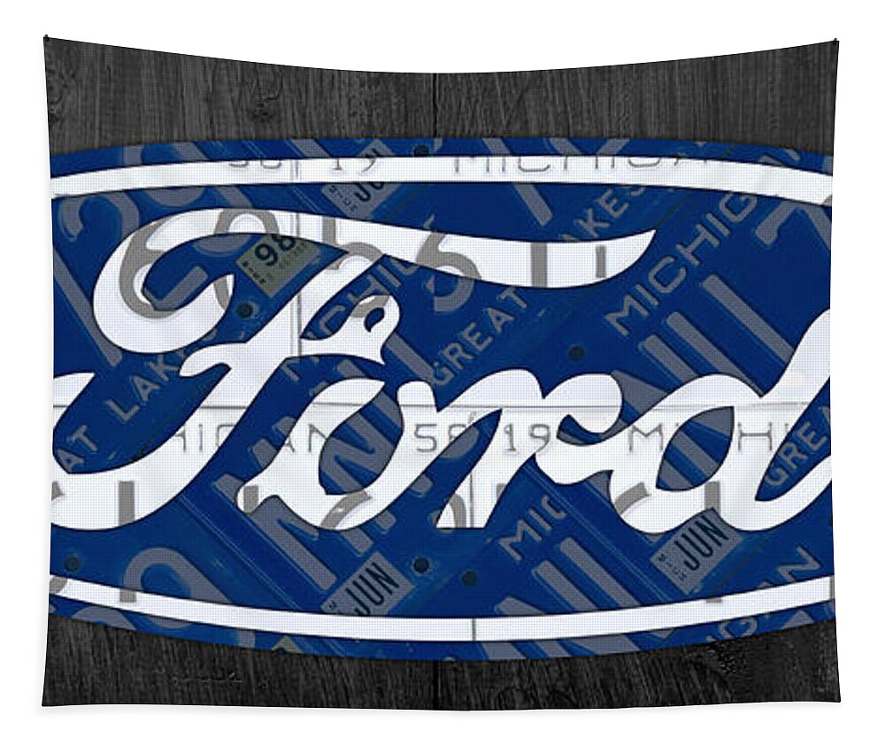 Ford Tapestry featuring the mixed media Ford Motor Company Retro Logo License Plate Art by Design Turnpike