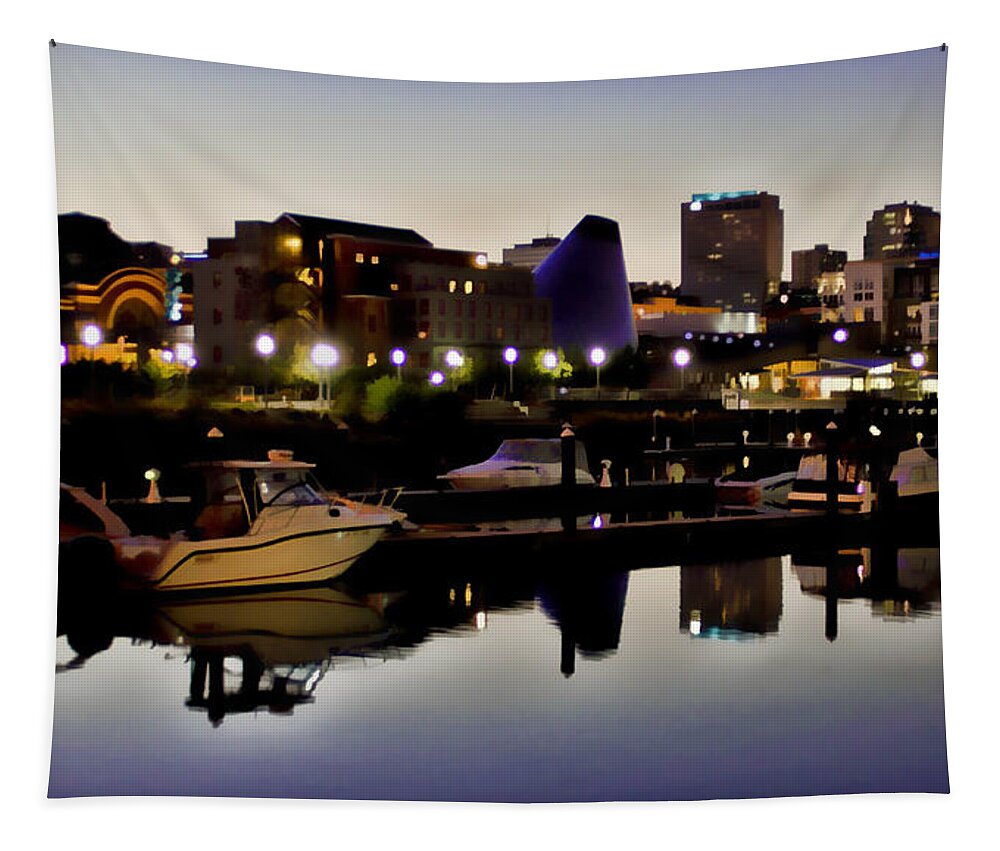 Foss Waterway Tapestry featuring the photograph Foss Waterway at night by Ron Roberts