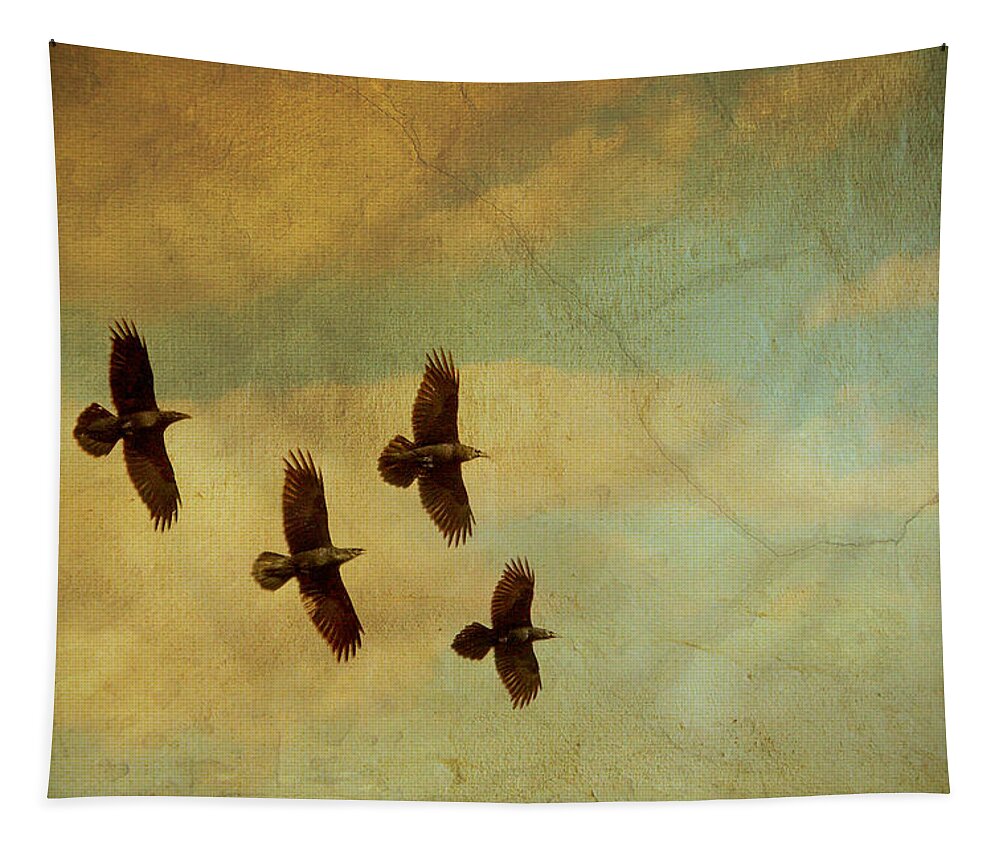Ravens Tapestry featuring the photograph Four Ravens Flying by Peggy Collins
