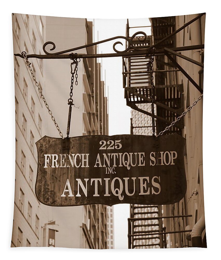 New Orleans Tapestry featuring the photograph French Antique Shop Sign - Sepia by Carol Groenen