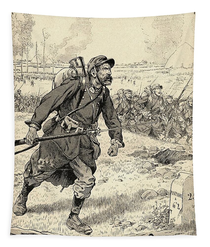 French Tapestry featuring the photograph French Soldier Advances During The First Battle Of The Marne, France, 1914, During World War One by Bridgeman Images