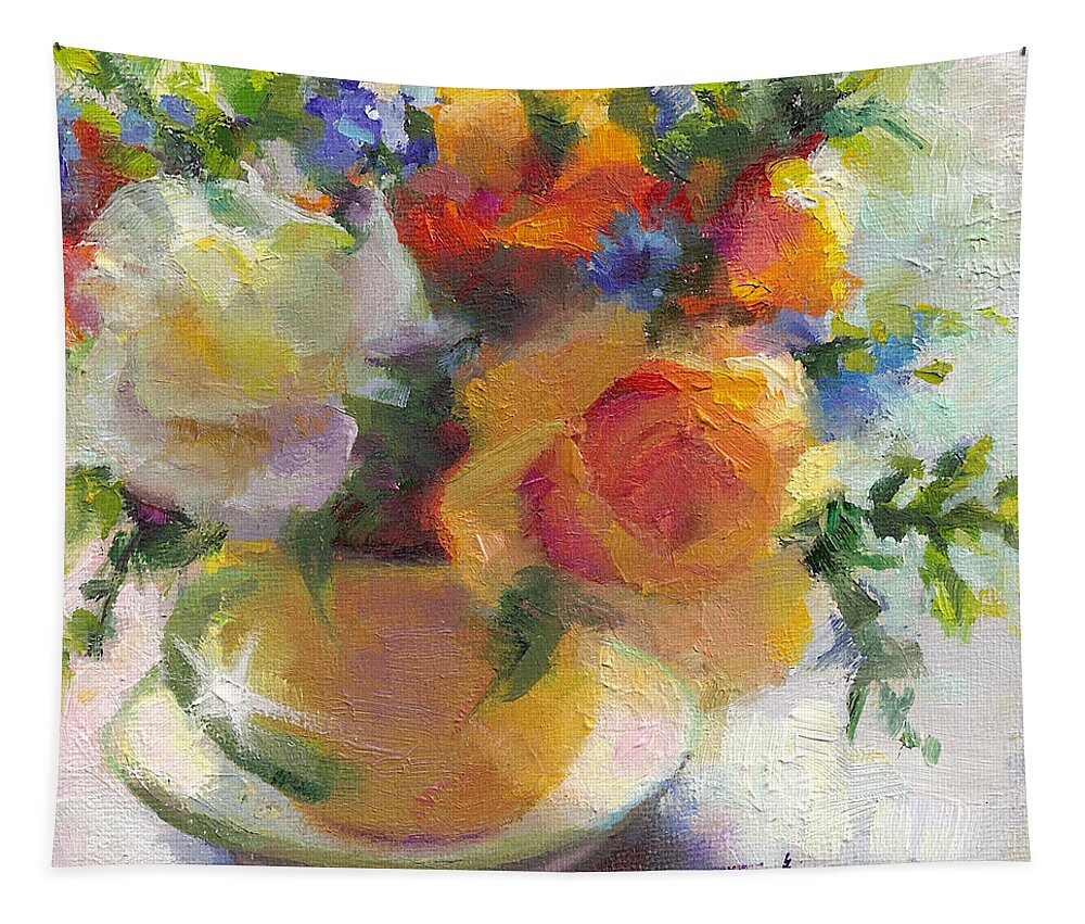 Roses Tapestry featuring the painting Fresh - Roses in teacup by Talya Johnson