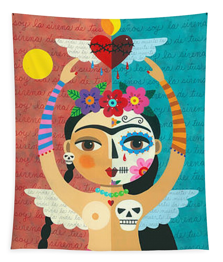 Frida Tapestry featuring the painting Frida Kahlo Mermaid Angel with Flaming Heart by Andree Chevrier