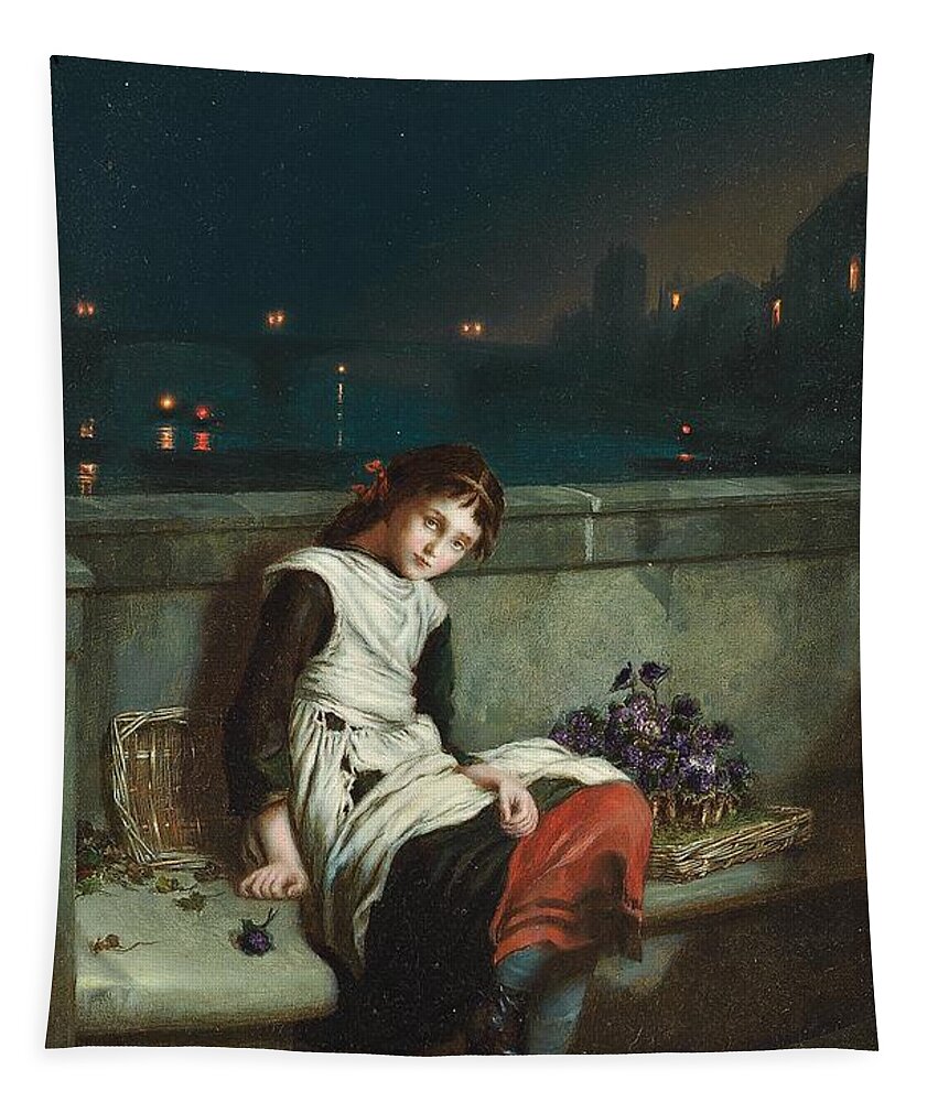 Morn; Night; From Morn Til Night; Victorian; Female; Poor; Poverty; Impoverished; Sentimental; Night; Nocturne; Seated; Outdoors; Urchin; Flower; Flower Seller; Desperate; Desperation; Bridge; London; River; River Thames; Work; Arduous; Exhausted; Exhaustion; Girl; Female; Lights; Picturesque; Starry; Stars; Innocence; Ragged; Dishevelled; Dickensian Tapestry featuring the painting From Morn Til Night by Augustus Mulready