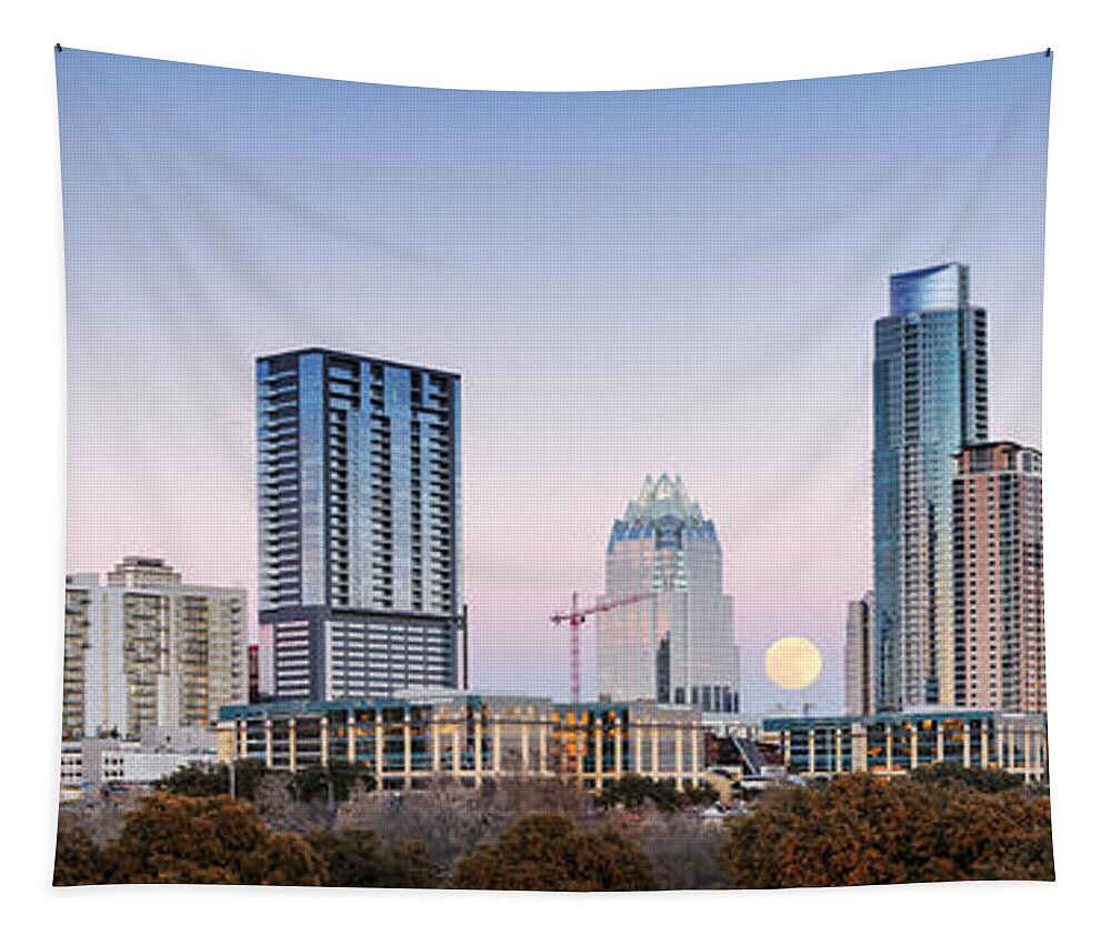 Downtown Austin Tapestry featuring the photograph Full Moon Rising behind Downtown Austin Skyline Texas by Silvio Ligutti