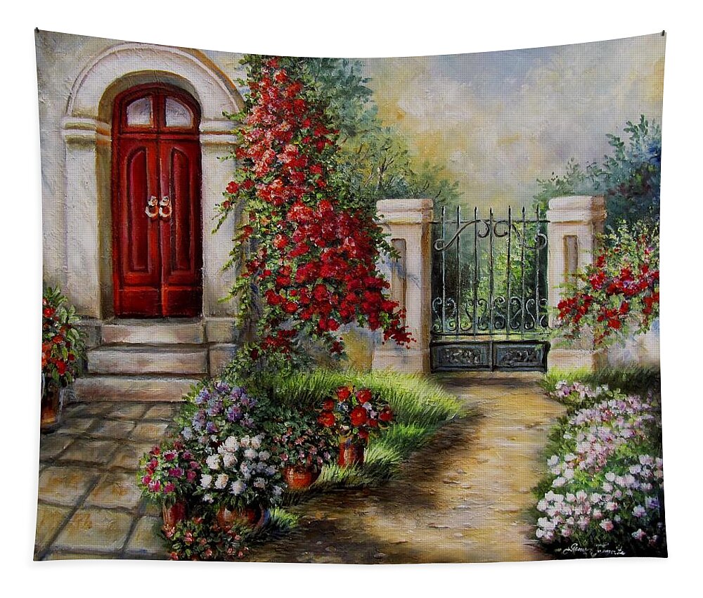 European Scene Tapestry featuring the painting Gate to the hidden Garden by Regina Femrite