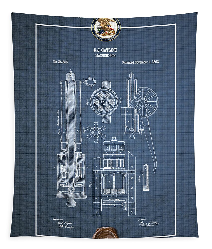 C7 Vintage Patents Weapons And Firearms Tapestry featuring the digital art Gatling Machine Gun - Vintage Patent Blueprint by Serge Averbukh