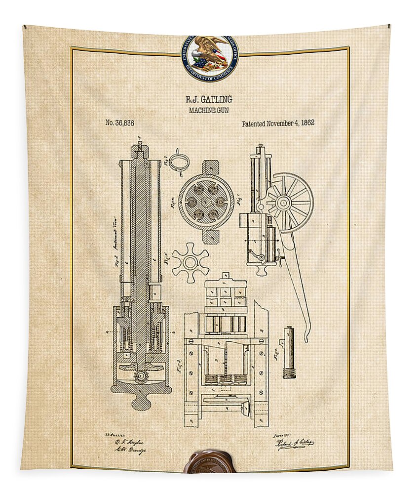 C7 Vintage Patents Weapons And Firearms Tapestry featuring the digital art Gatling Machine Gun - Vintage Patent Document by Serge Averbukh