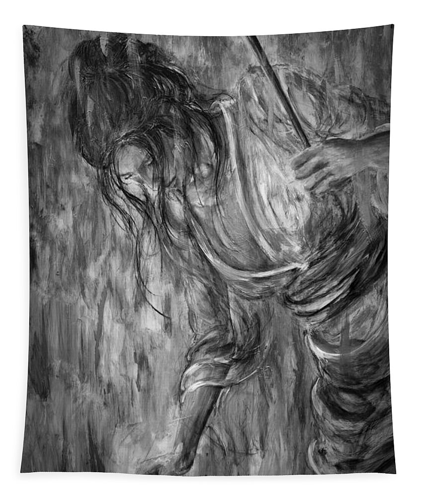 Black White Tapestry featuring the painting Geisha - Grayscale by Nik Helbig