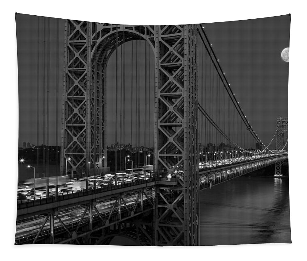 George Washington Bridge Tapestry featuring the photograph George Washington Bridge Moon Rise BW by Susan Candelario