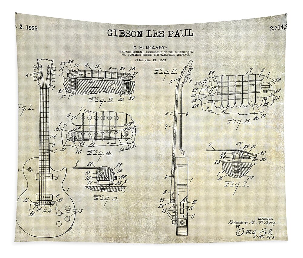 Gibson Tapestry featuring the photograph Gibson Les Paul Patent Drawing by Jon Neidert