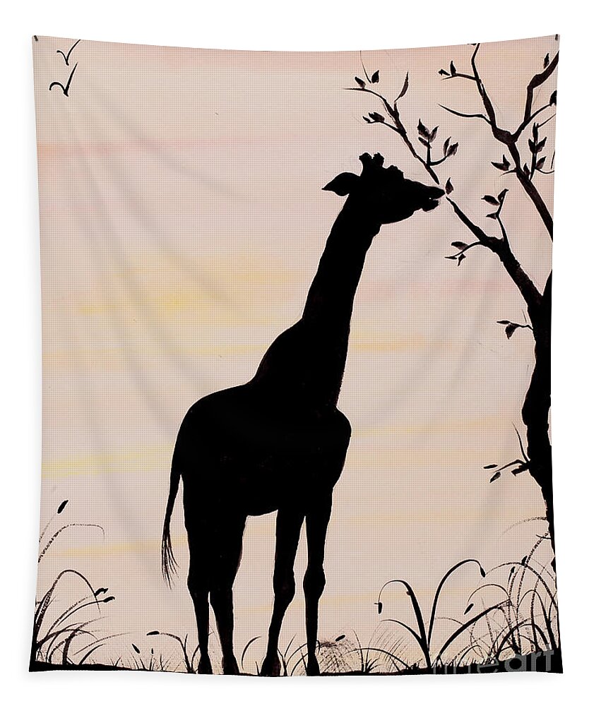 Giraffe Tapestry featuring the painting Giraffe silhouette painting by Carolyn Bennett by Simon Bratt