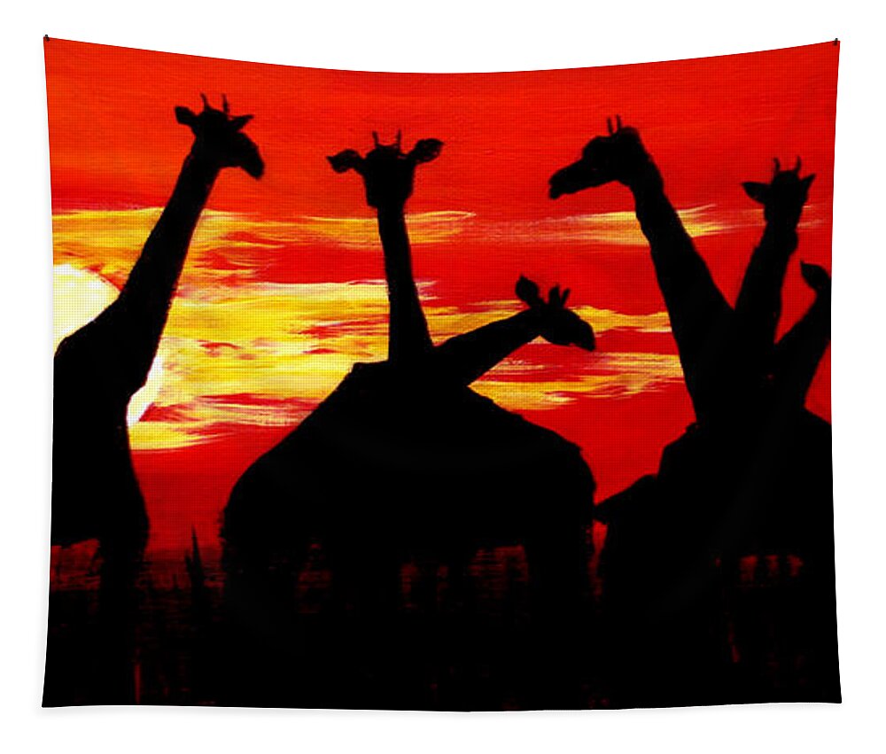 Giraffe Tapestry featuring the painting Giraffes Sunset Africa Serengeti by Katy Hawk
