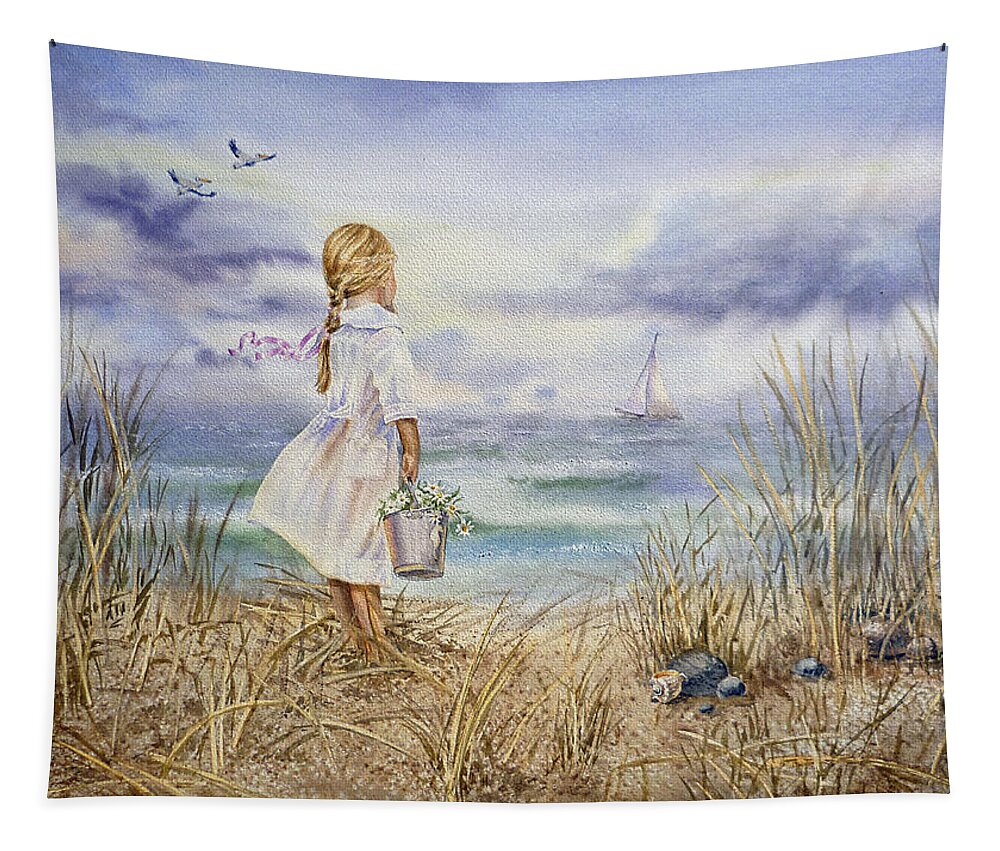 Girl Tapestry featuring the painting Girl At The Ocean by Irina Sztukowski