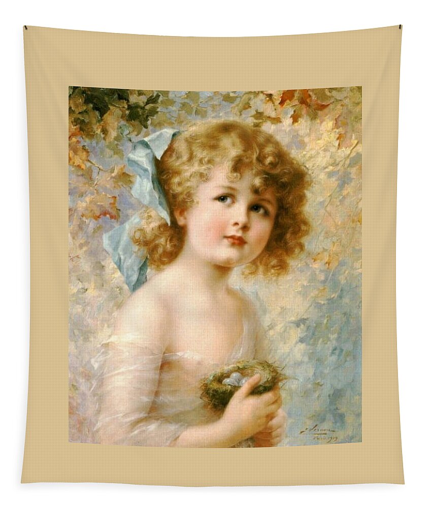 Emile Vernon Tapestry featuring the digital art Girl Holding A Nest by Emile Vernon