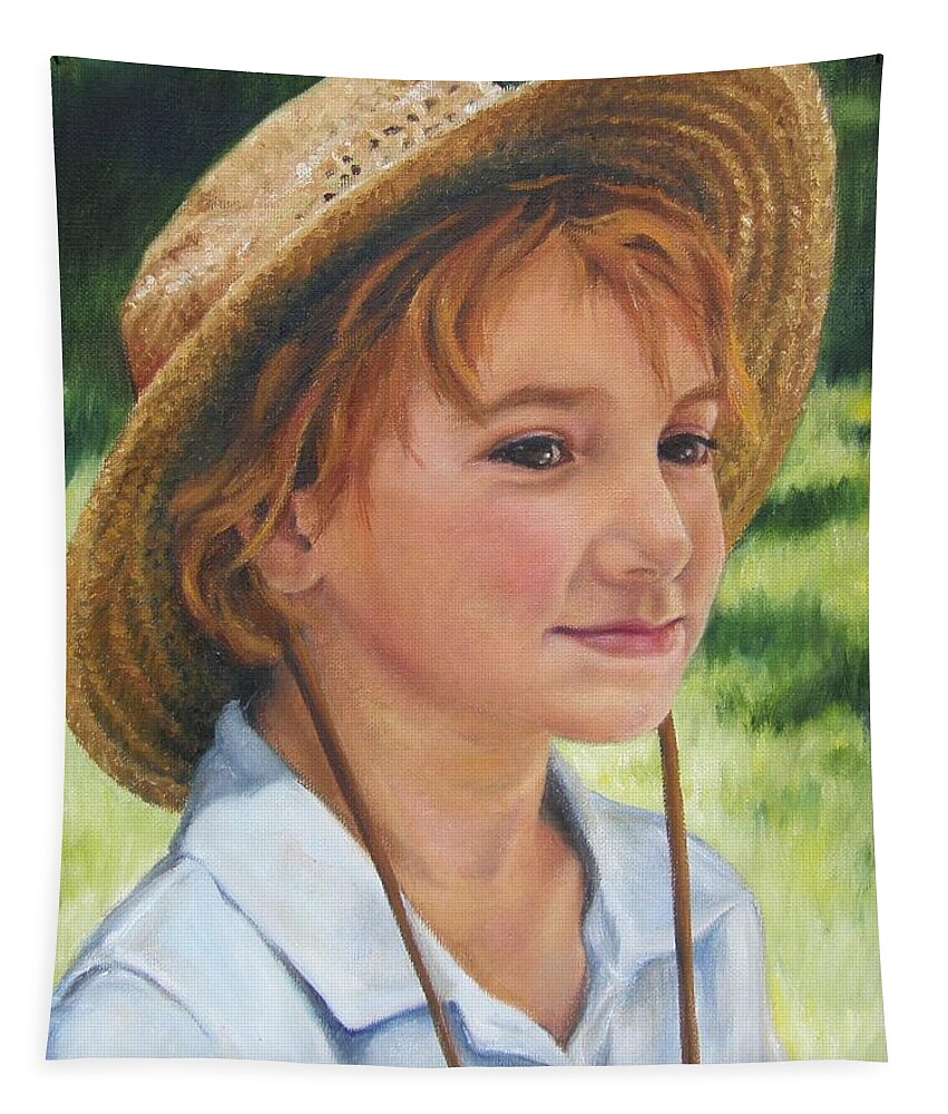 Vertical Tapestry featuring the painting Girl in Straw Hat by Lori Brackett