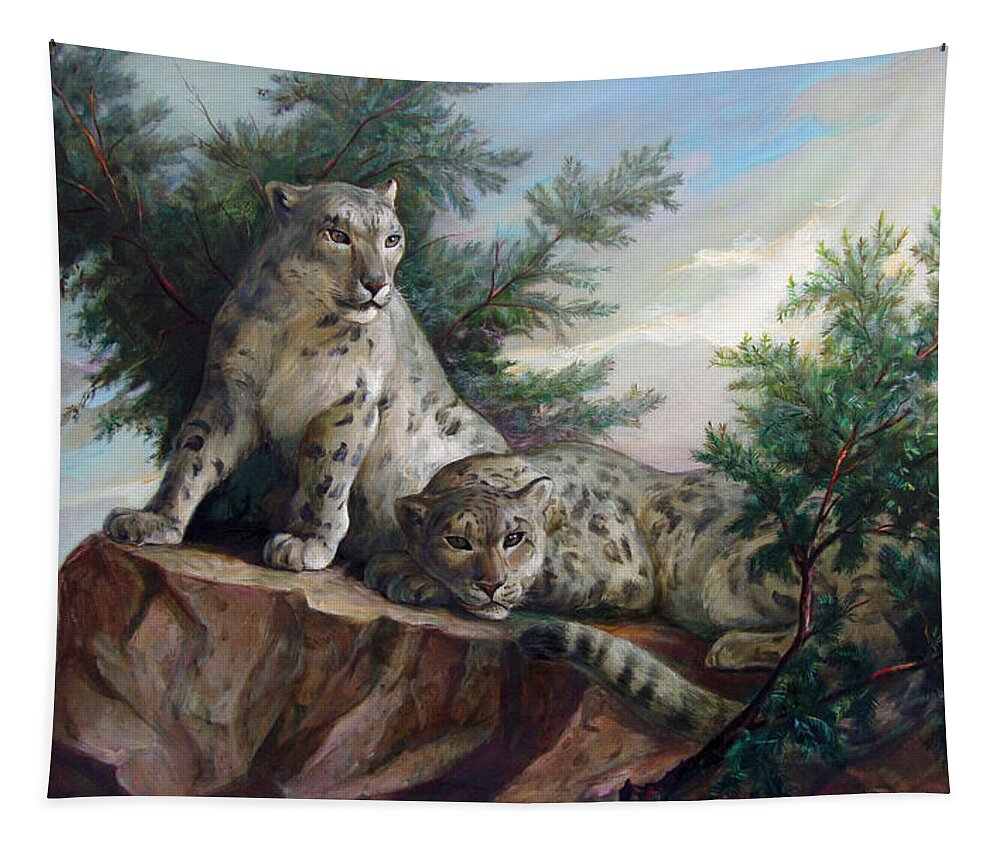 Leopards Tapestry featuring the painting Glamorous Friendship- Snow Leopards by Svitozar Nenyuk
