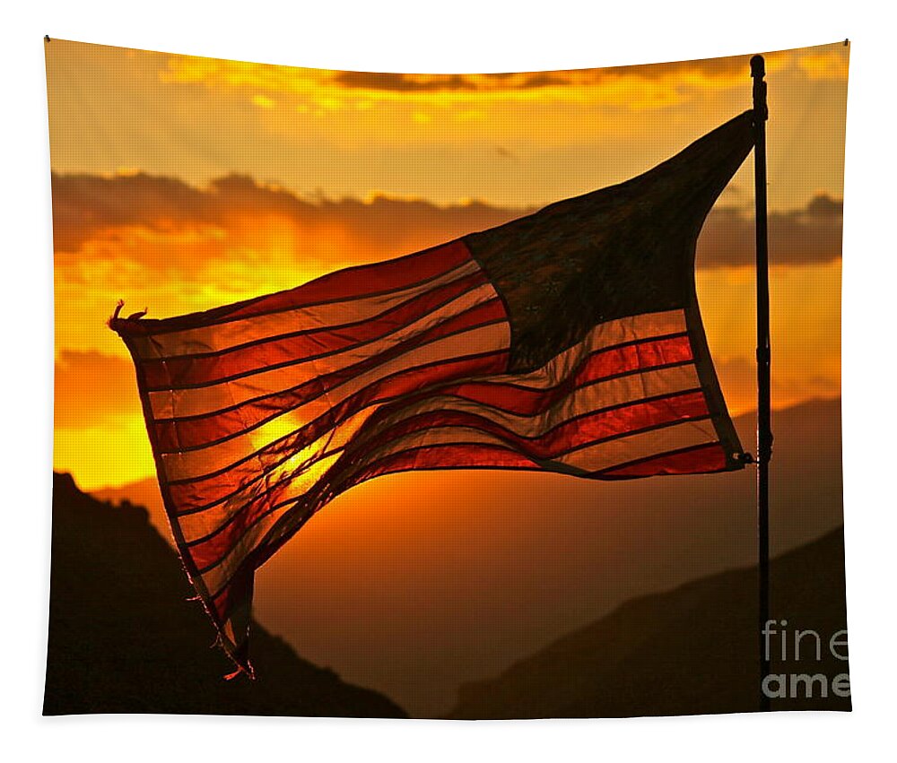American Flag Tapestry featuring the photograph Glory at Sunset by Michael Cinnamond
