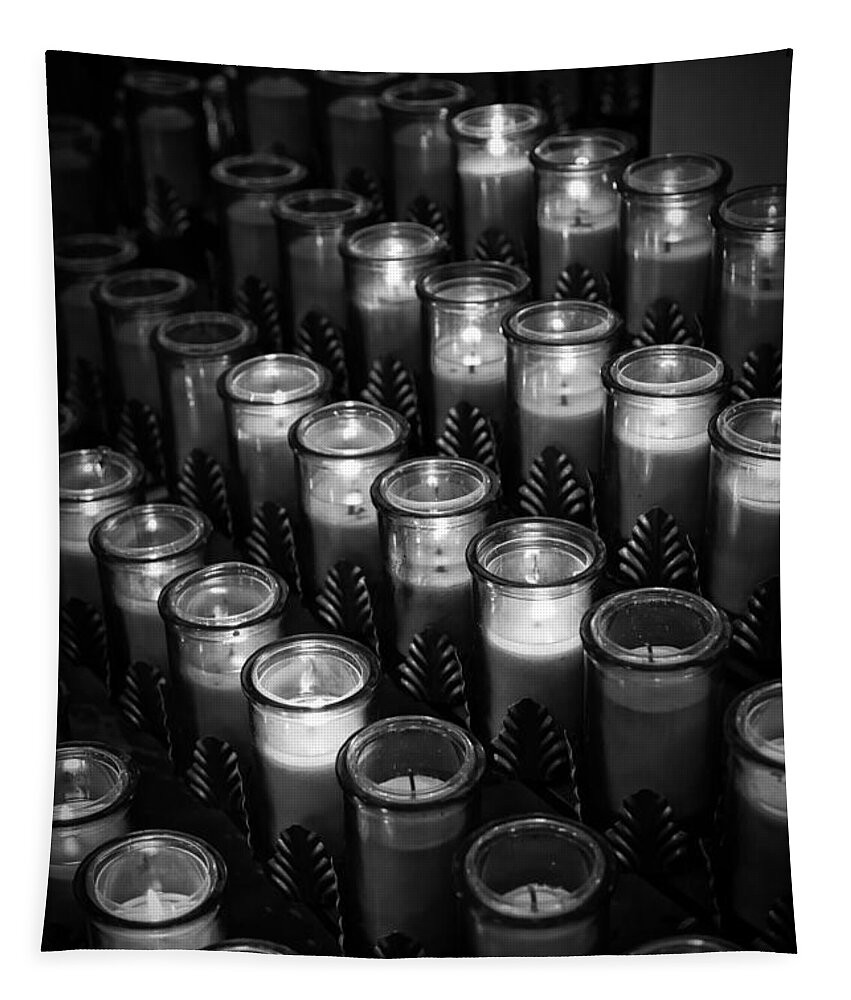 Altar Tapestry featuring the photograph Glowing candles in a church by Edward Fielding