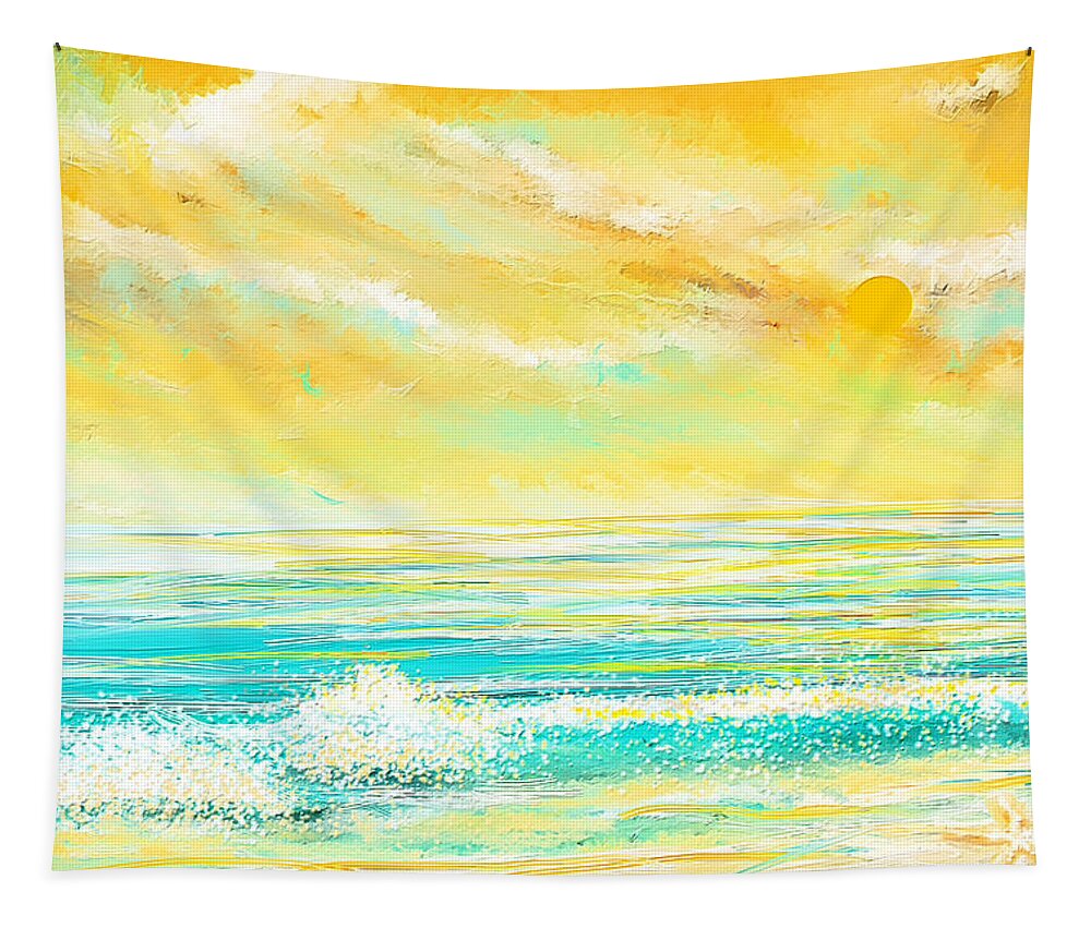 Turquoise Tapestry featuring the painting Glowing Waves - Seascapes Sunset Abstract by Lourry Legarde