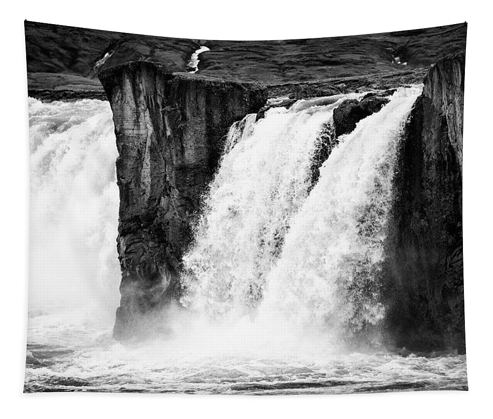 Godafoss Tapestry featuring the photograph Godafoss waterfall Iceland black and white by Matthias Hauser