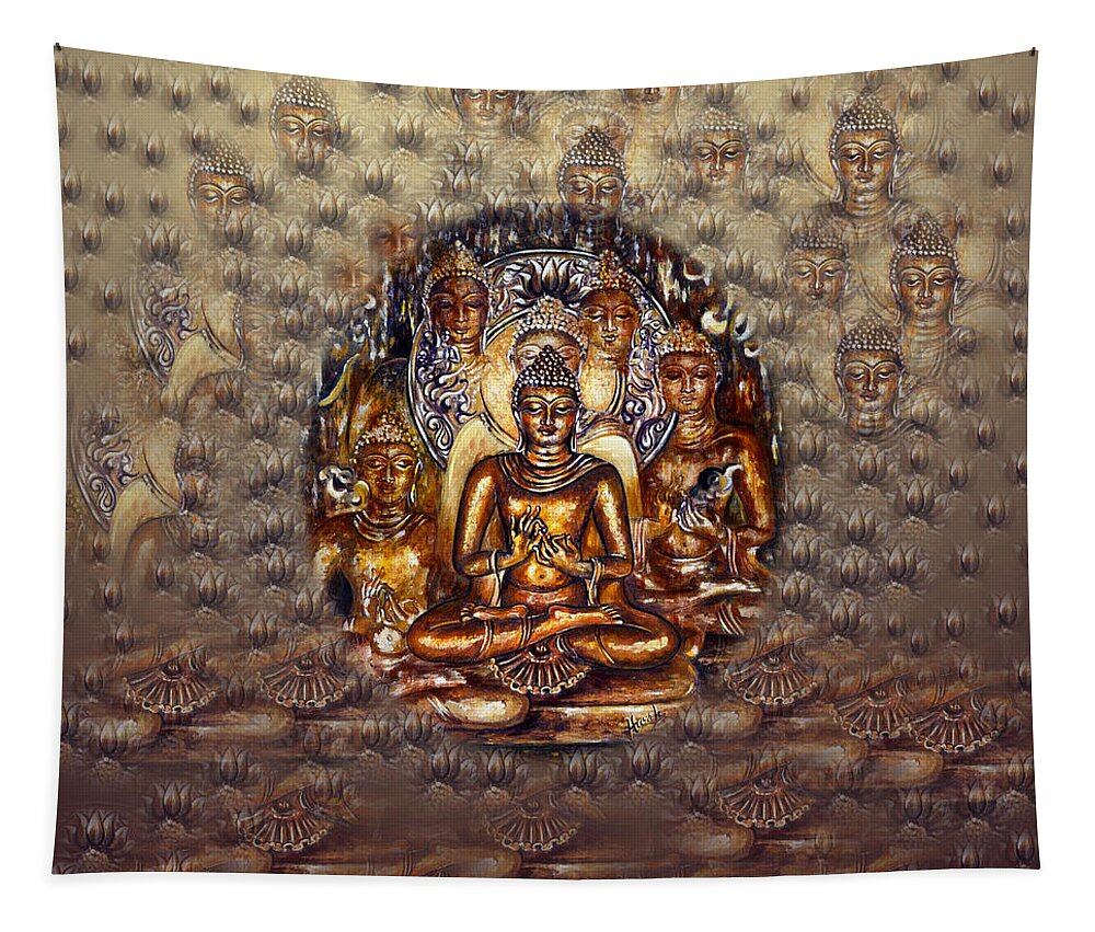 Buddha Tapestry featuring the mixed media Gold Buddha by Harsh Malik