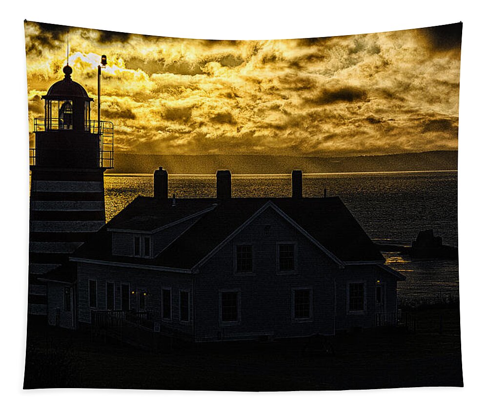 Golden Light Tapestry featuring the photograph Golden Backlit West Quoddy Head Lighthouse by Marty Saccone