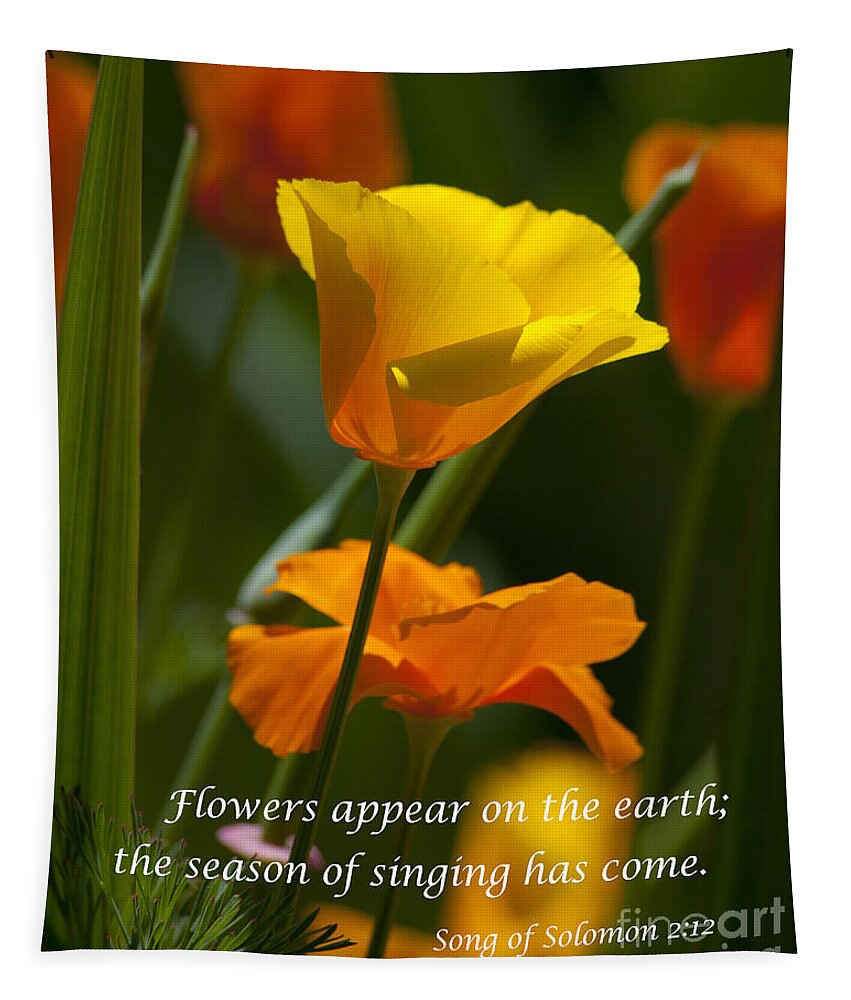 Golden Poppy Flower Photographs Tapestry featuring the photograph Golden Poppy Floral Bible Verse Photography by Jerry Cowart