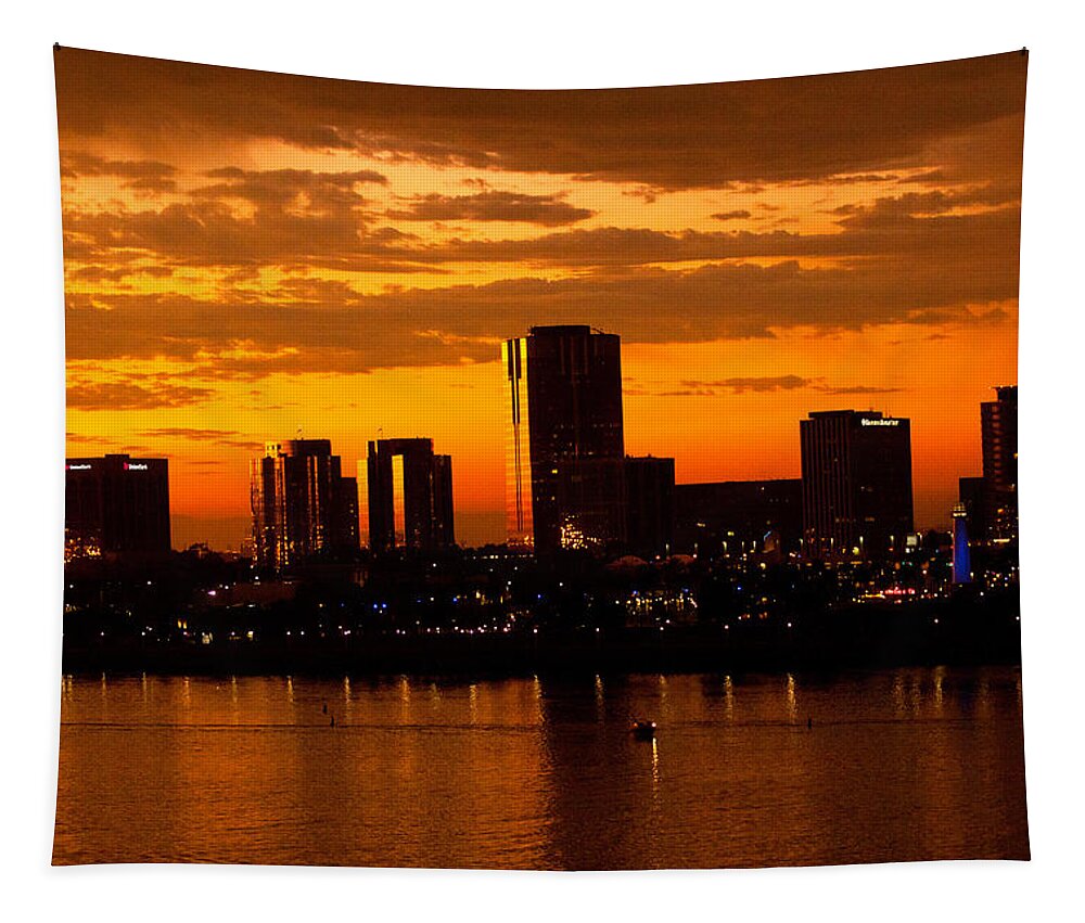 Long Beach Tapestry featuring the photograph Golden Skys Cloak The Long Beach Skyline by Denise Dube