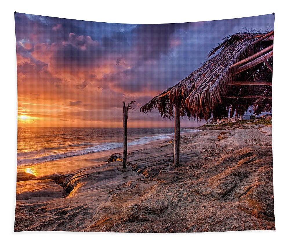 Beach Tapestry featuring the photograph Golden Sunset The Surf Shack by Peter Tellone