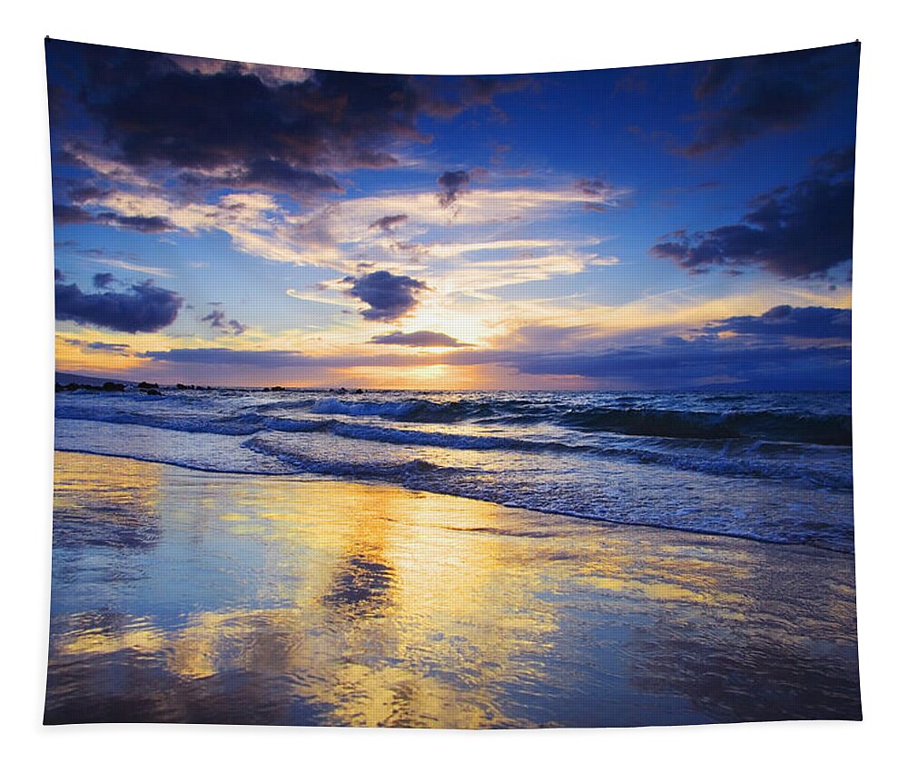 Beachfront Tapestry featuring the photograph Golden Wailea Sunset by Ron Dahlquist - Printscapes