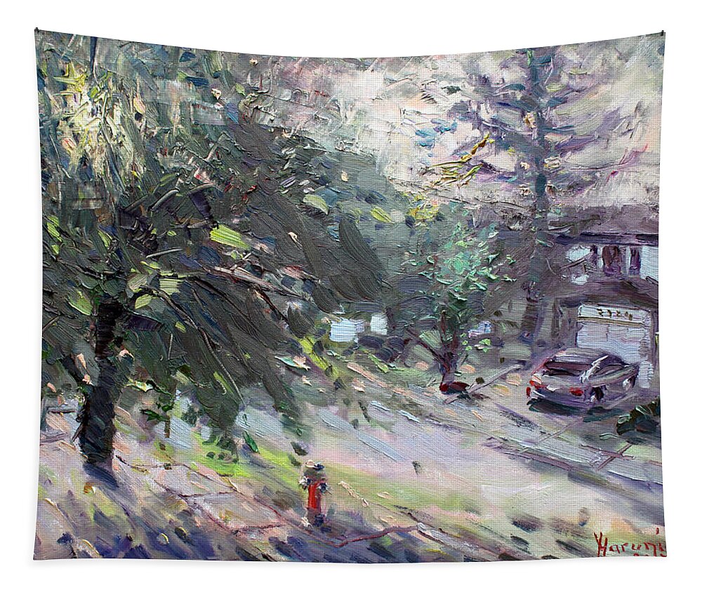 Sunrise Tapestry featuring the painting Good Morning Neighbor by Ylli Haruni