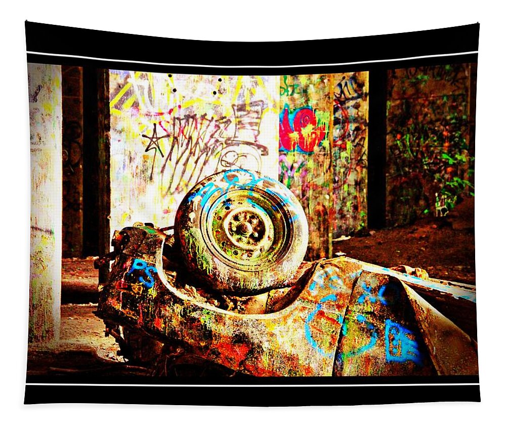 Grafitti Bridge Tapestry featuring the photograph Grafittied Car Upside Down by Alice Gipson