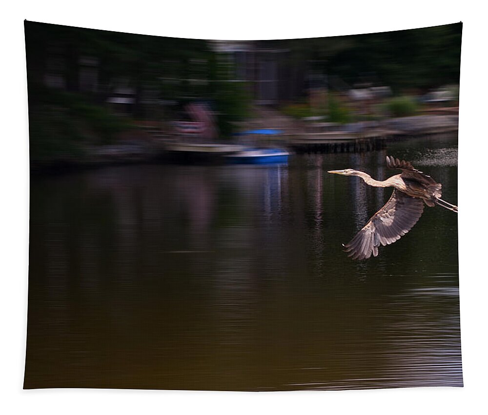 Blue Heron Tapestry featuring the photograph Great Blue Heron in Flight by Kim Bemis