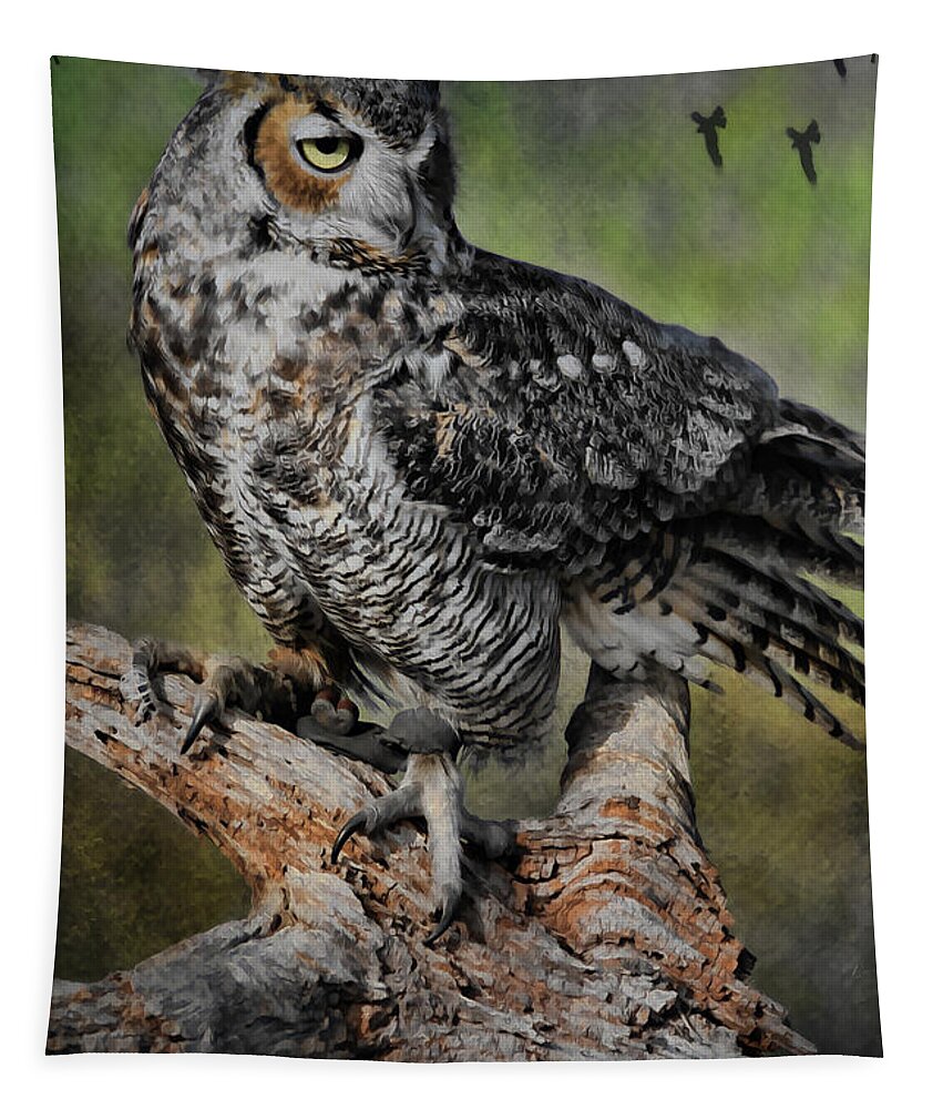 Owl Tapestry featuring the photograph Great Horned Owl on Branch by Deborah Benoit