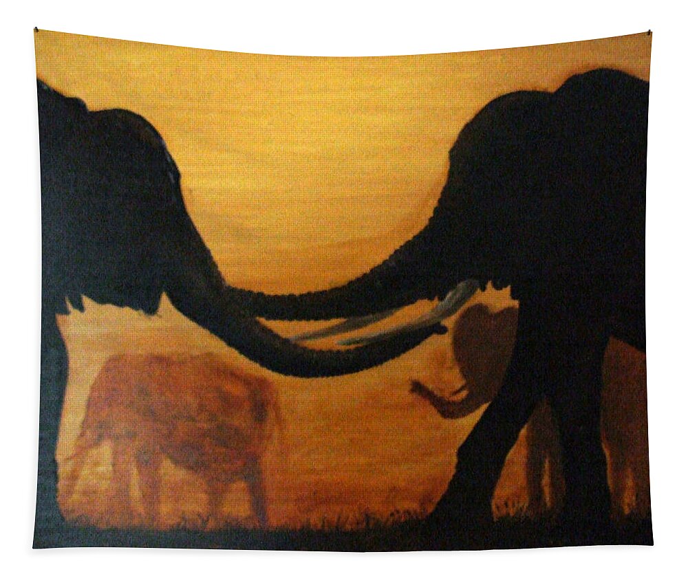 Elephants Tapestry featuring the painting Greeting Elephants at Sunset by Mackenzie Moulton