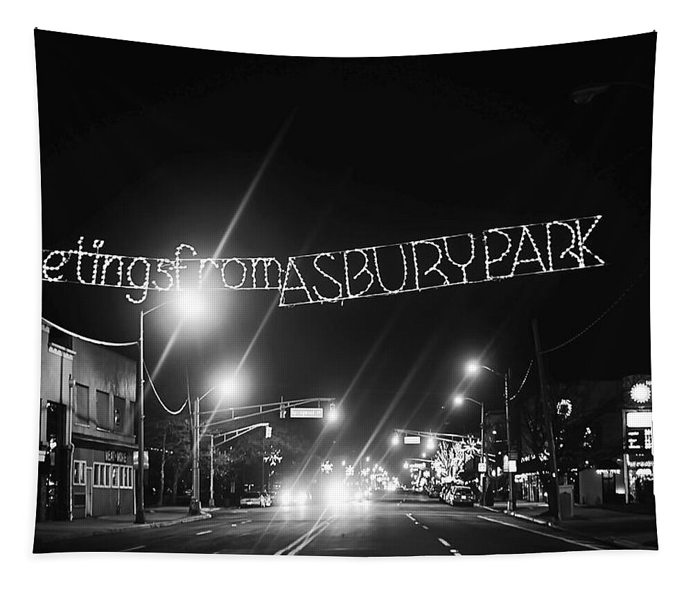 Greetings From Asbury Park New Jersey Black And White Tapestry featuring the photograph Greetings from Asbury Park New Jersey Black and White by Terry DeLuco