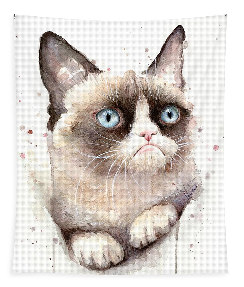 Grumpy Tapestry featuring the painting Grumpy Cat Watercolor by Olga Shvartsur