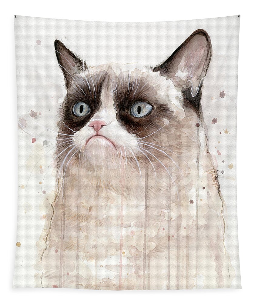 Grumpy Tapestry featuring the painting Grumpy Watercolor Cat by Olga Shvartsur