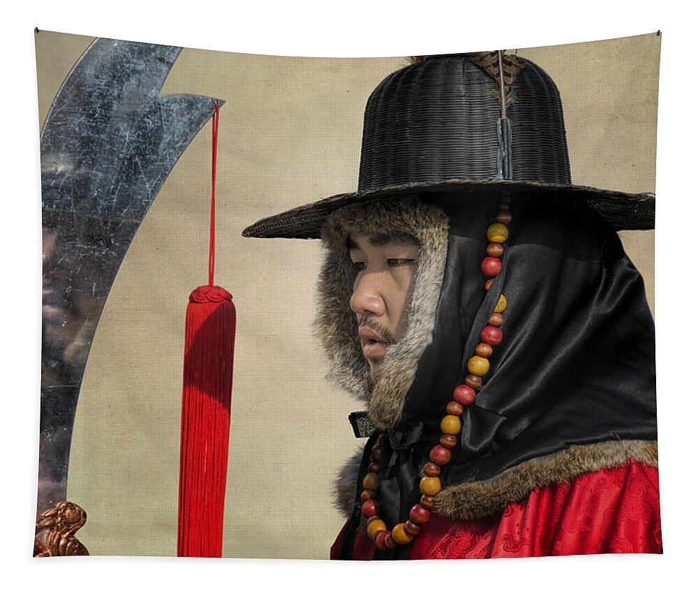 Joan Carroll Tapestry featuring the photograph Guard at Gyeongbokgung by Joan Carroll