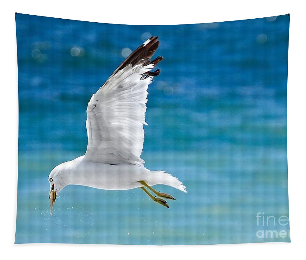 Water Tapestry featuring the photograph Herring Gull with Fish by Elaine Manley