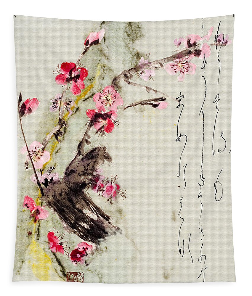 Haiga Tapestry featuring the painting Haiga my spring too is an ecstasy by Peter V Quenter