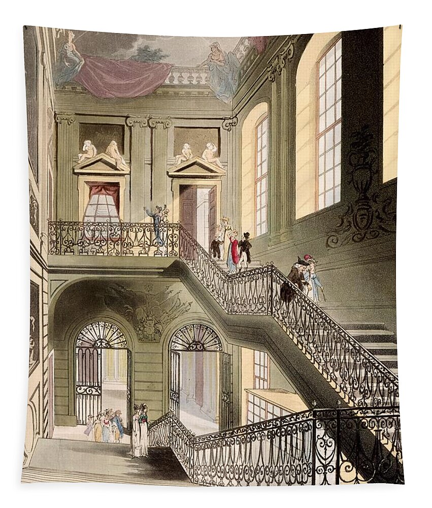 Hall And Staircase Tapestry featuring the drawing Hall And Staircase At The British by T. & Pugin, A.C. Rowlandson