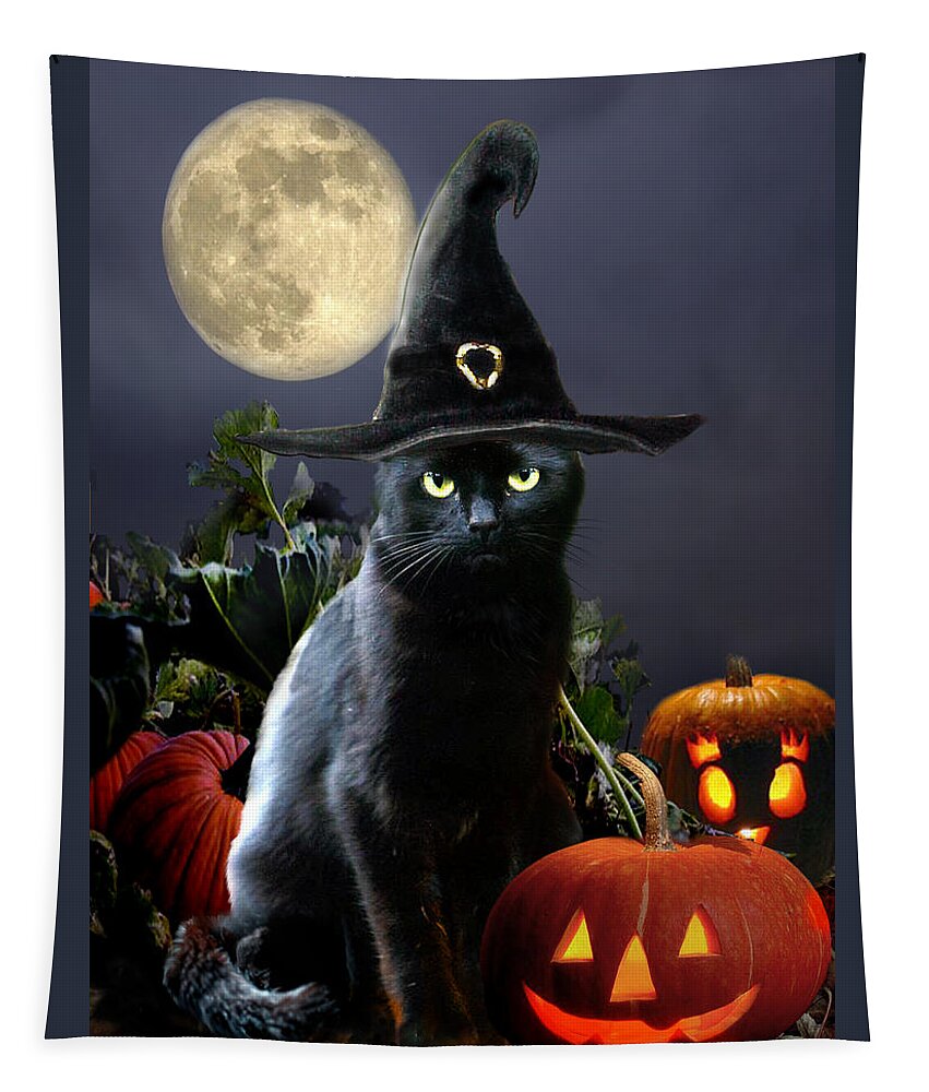 Halloween Pet Picture Tapestry featuring the painting Witchy black Halloween Cat by Regina Femrite