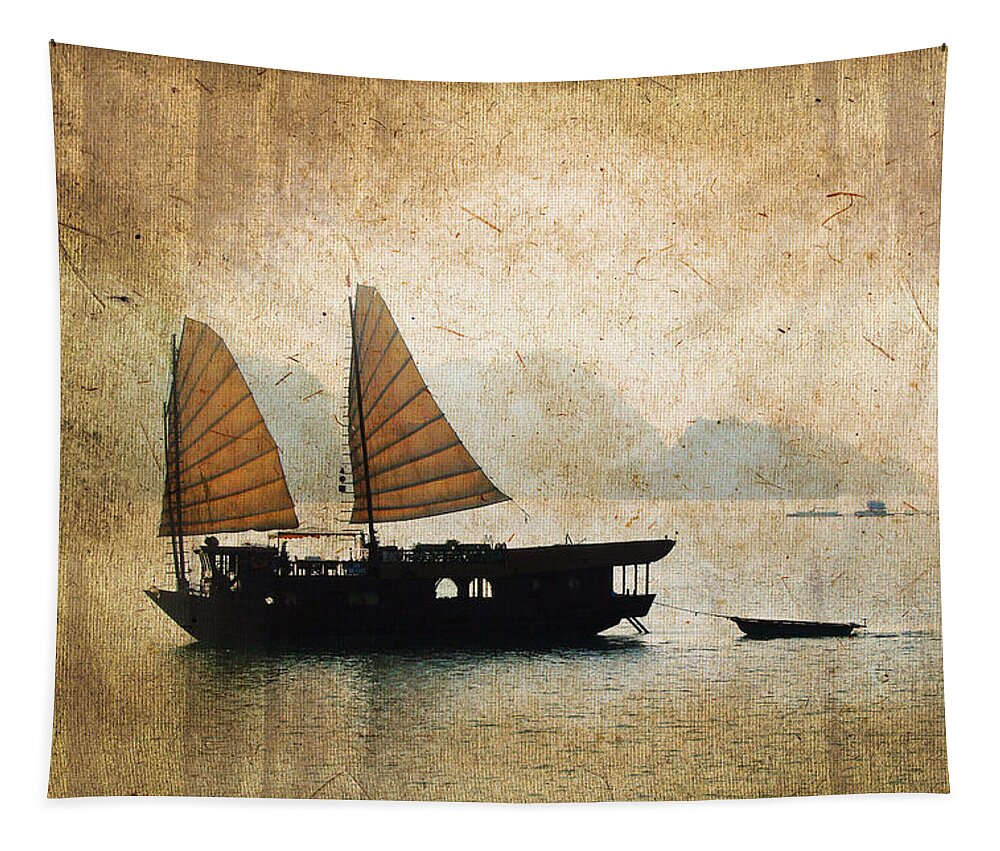 Vietnam Tapestry featuring the photograph Halong Bay vintage by Delphimages Photo Creations