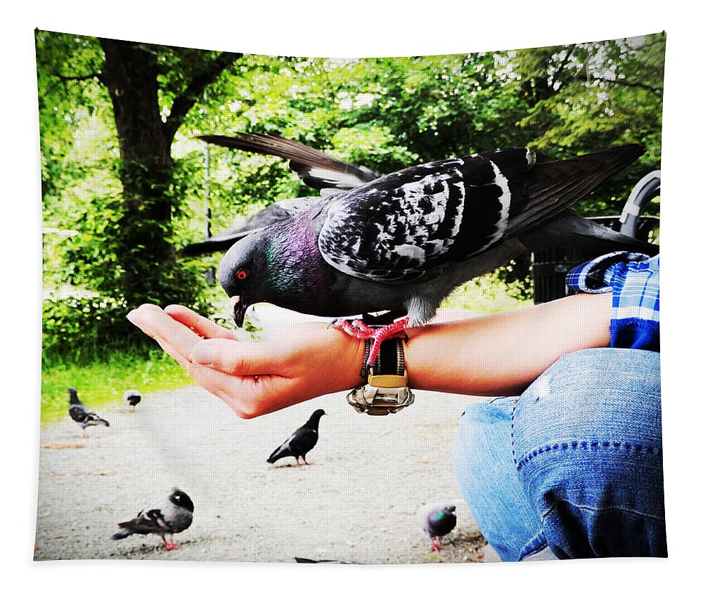 Pigeon Tapestry featuring the photograph Handful Happiness by Zinvolle Art