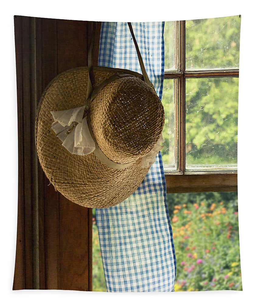 Straw; Hat; Flowers; Ribbon; Colorful; Brim; Waiting Tapestry featuring the photograph Hanging by the Window by Margie Hurwich